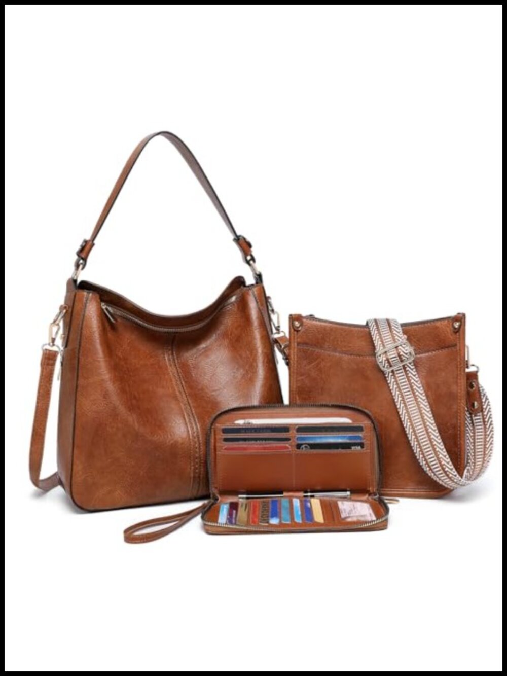 Vegan Leather Crossbody Bag Set with Wallet and Adjustable Guitar Strap